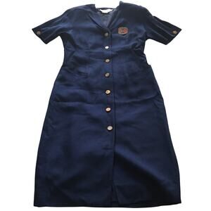 Navy Linen Dress Vintage Starington Size 8 Retro Preppy Embroidered Coat of Arms